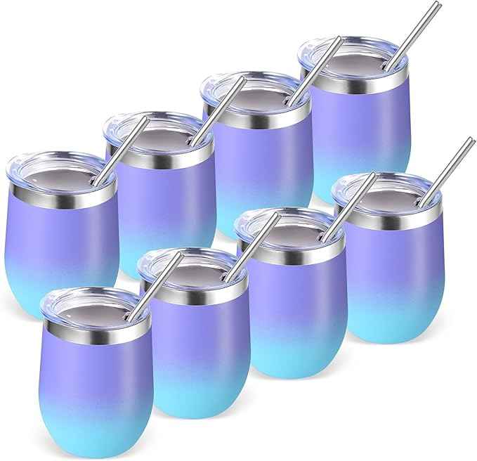 Volhoply 12oz Stainless Steel Wine Tumbler with Lid Bulk 8 Pack,Double Wall Vacuum Stemless Wine Glasses,Reusable Metal Travel Coffe Mug with Straw,Insulated Cup Gifts for Christmas（Purple Bule,8 Set）