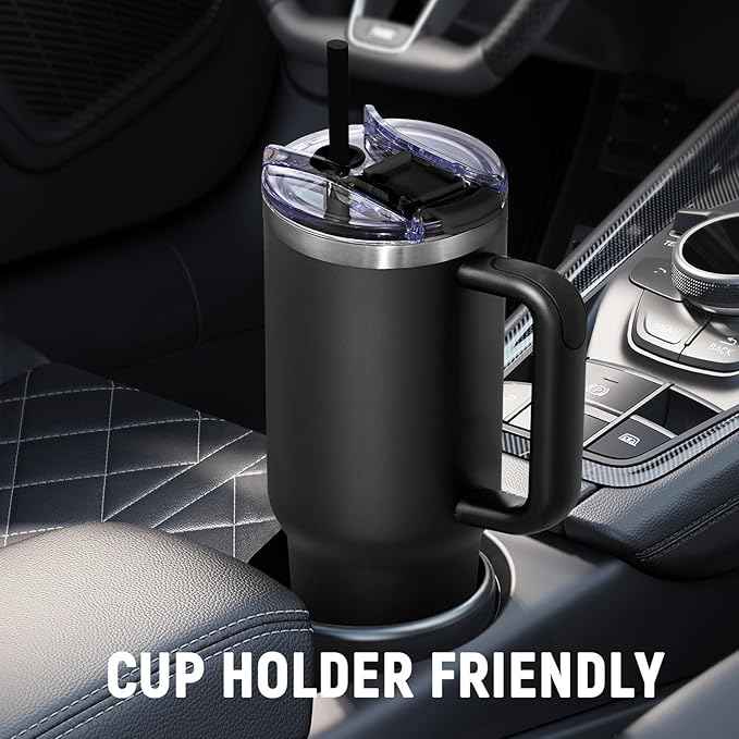 COKTIK 40 oz Tumbler With Handle and Straw, Insulated Tumbler With Leakproof Lids, Stainless Steel|BPA-Free, Cold for 24 H (Black)