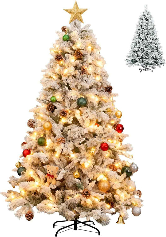 7Ft Prelit Christmas Tree,Snow Flocked Artificial Hinged Holiday Christmas Pine Tree,Xmas Tree w/400 LED Lights and 1500 Snow Flocked Branch Tips for Home,Office,Party Decoration