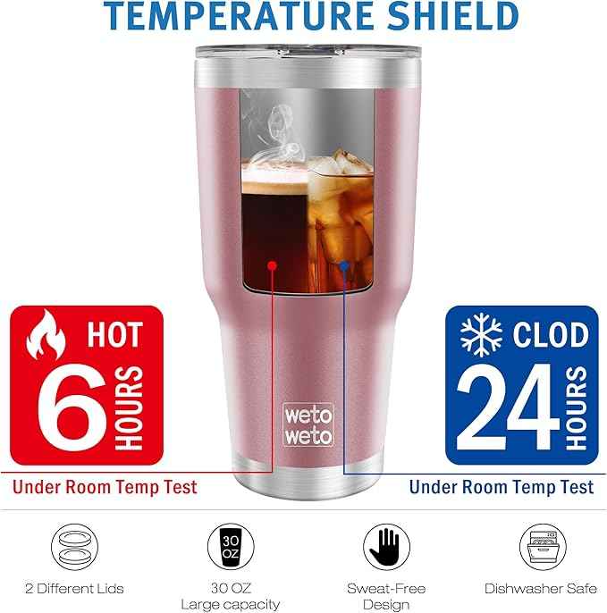 WETOWETO 30oz Tumbler, Stainless Steel Vacuum Insulated Water Coffee Tumbler Cup, Double Wall Powder Coated Spill-Proof Travel Mug Thermal Cup for Home Outdoor (Rose Gold, 1 Pack)