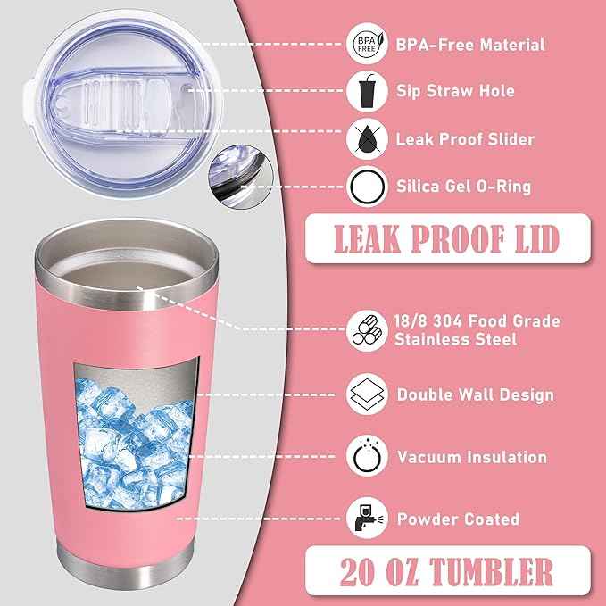 20 oz Tumbler Coffee Travel Tumblers Bulk with Lid Stainless Steel Double Wall Vacuum Insulated Mug Powder Coated Cups fit Car Cupholder for Hot and Cold - Pink, 1Pack