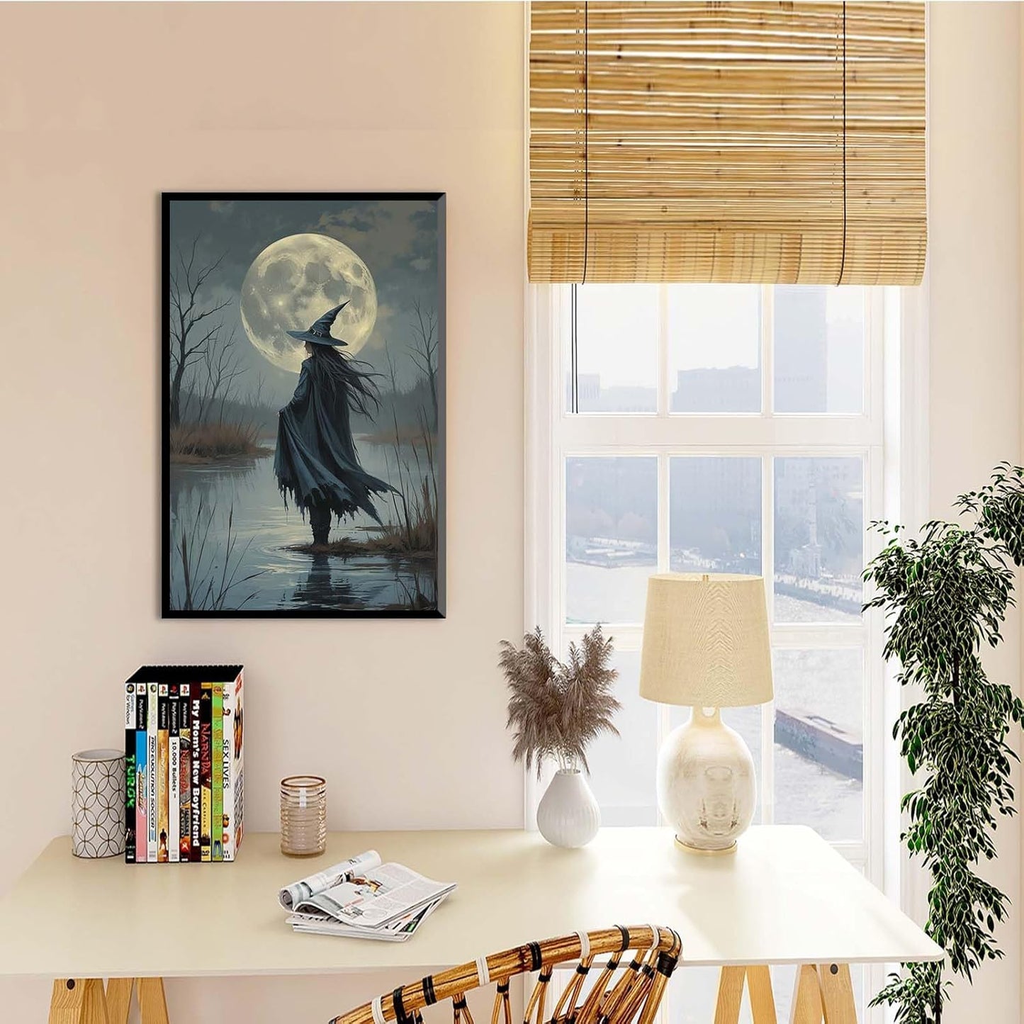 JFHCQJPK Witch in the moonlight magic canvas wall art enchanting Halloween home decor swamp witch silhouette oil painting mysterious gothic aesthetic wall decor print poster24x36in Metal blackFramed