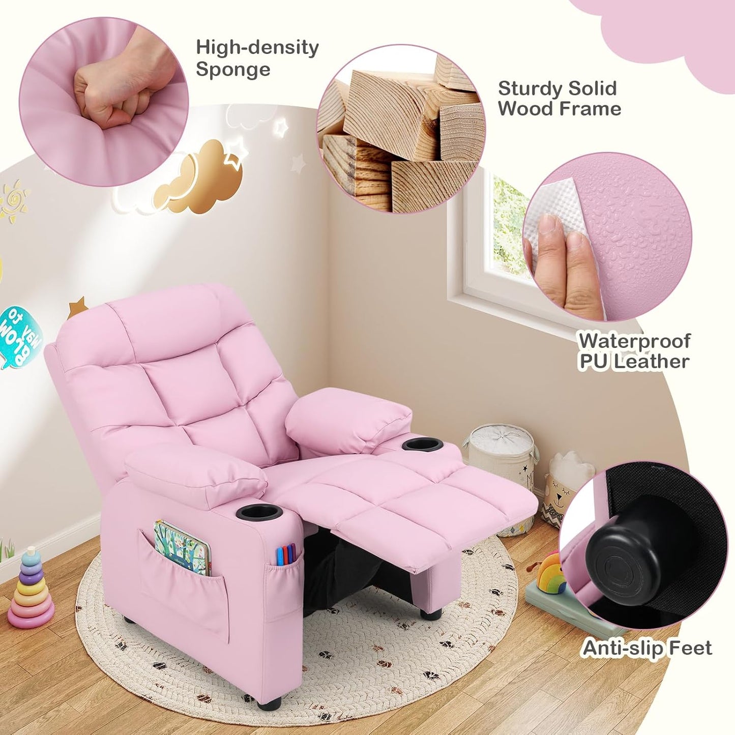 Costzon Kids Recliner Chair with Cup Holder, Adjustable Lounge Chair w/Footrest & Side Pockets for Children Boys Girls Room, Ergonomic Toddler Furniture Sofa, Kids Pink Recliner (Pink)