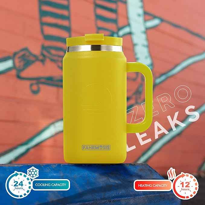 FAHRMOSIS 50 Oz Tumbler with Handle and Straw Large Insulated Tumbler Stainless Steel Travel Mug for Hot & Cold Drinks, Reusable Water Bottle with Lids and Straw - Yellow