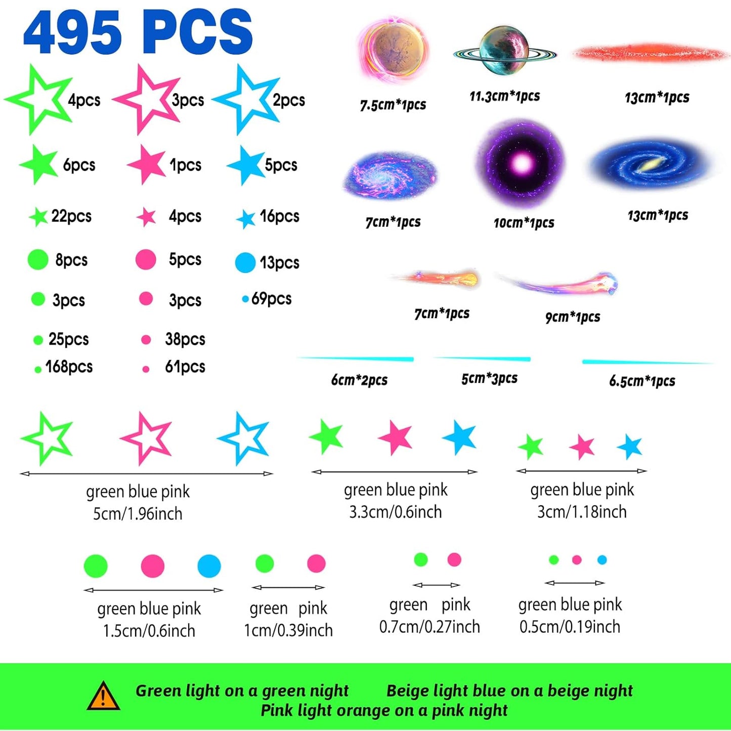 Spakon 495 Pcs Glow in The Dark Moons and Stars Wall Decals for Ceiling,Glowing Planets Wall Stickers Removable Galaxy Solar System Space Decal Nursery Stickers for Kids Bedroom Living Room Decor