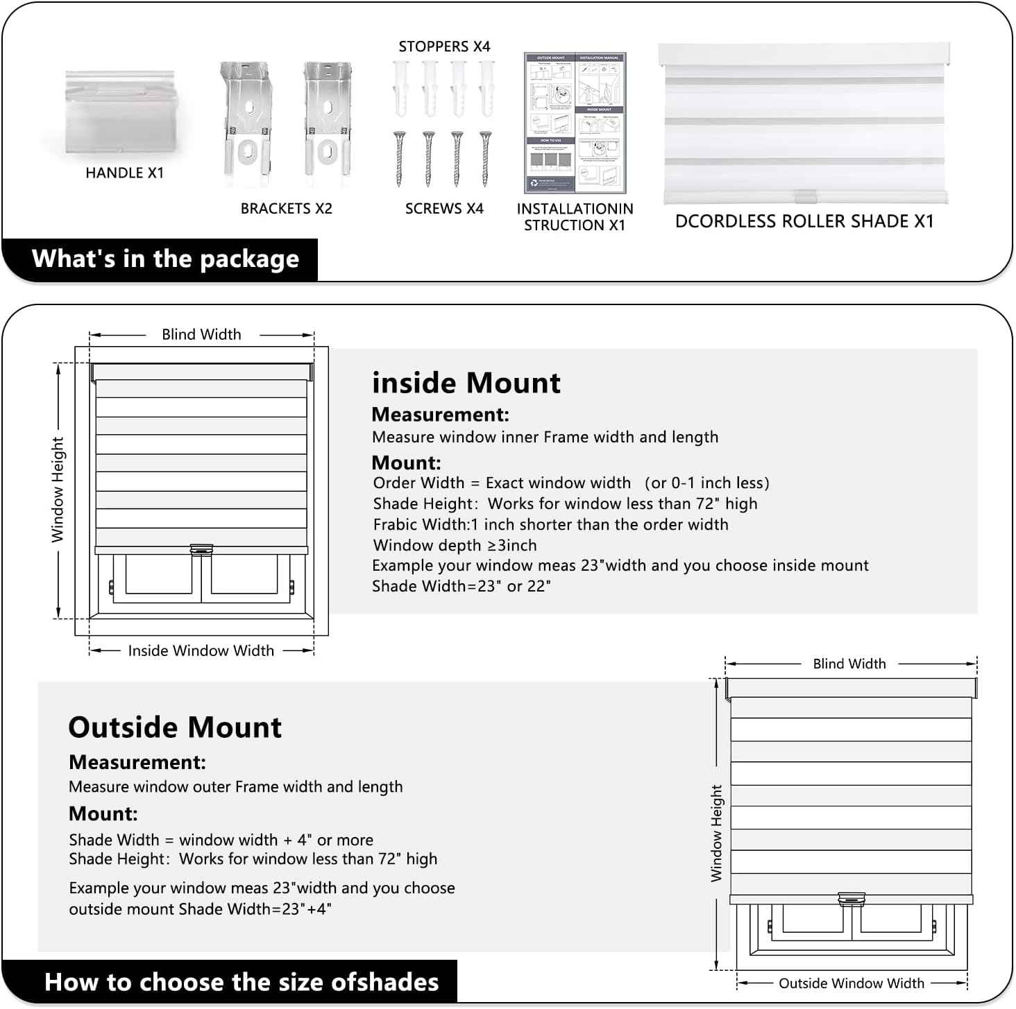 AOSKY Cordless Zebra Blinds for Windows Pull Down Roller Window Shades Dual Layer Light Filtering Privacy for Day and Night, Free-Stop Door Shades for Home Easy to Install (46" W X 72" H, White)