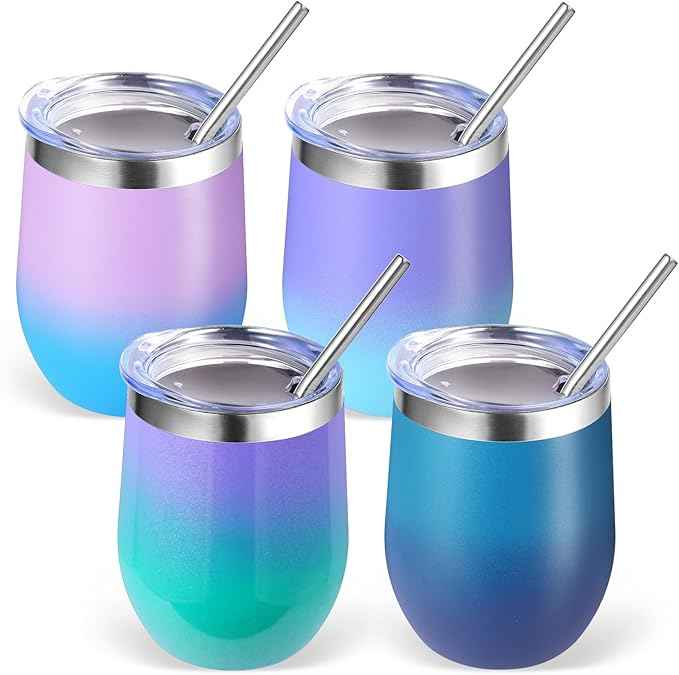 Volhoply 12oz Stainless Steel Wine Tumbler with Lid Bulk 4 Pack,Double Wall Vacuum Stemless Wine Glasses,Reusable Metal Travel Coffe Mug with Straw,Insulated Cup Gifts for Christmas（Assorted,4 Set）
