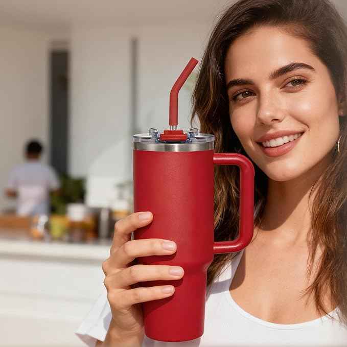 COKTIK 40 oz Tumbler With Handle and Straw, Insulated Tumbler With Leakproof Lids, Stainless Steel|BPA-Free, Cold for 24 H (Red)