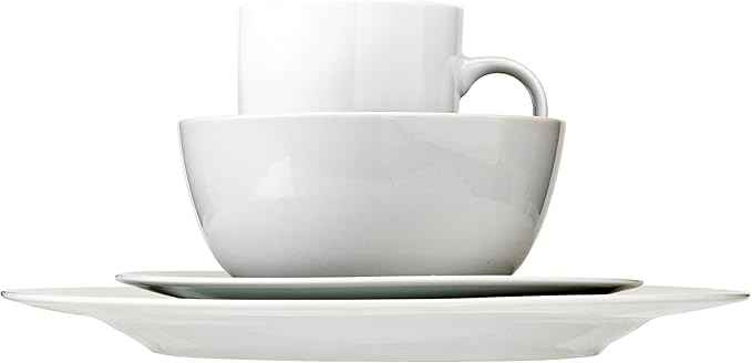 Amazon Basics 16-Piece Porcelain Dinnerware Set, Microwave and Dishwasher Safe, Service for 4, Plates, Bowls and Mugs, White