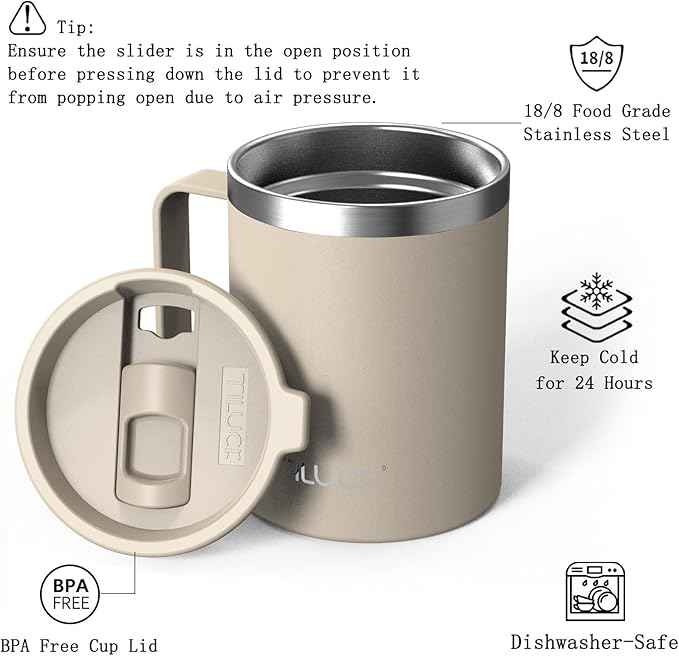 TILUCK 12 oz Insulated Coffee Mug with Lid, Double Wall Vacuum Insulated Travel Mug Cup with Handle for Hot or Cold Drinks（12oz，Matte MistyGray）