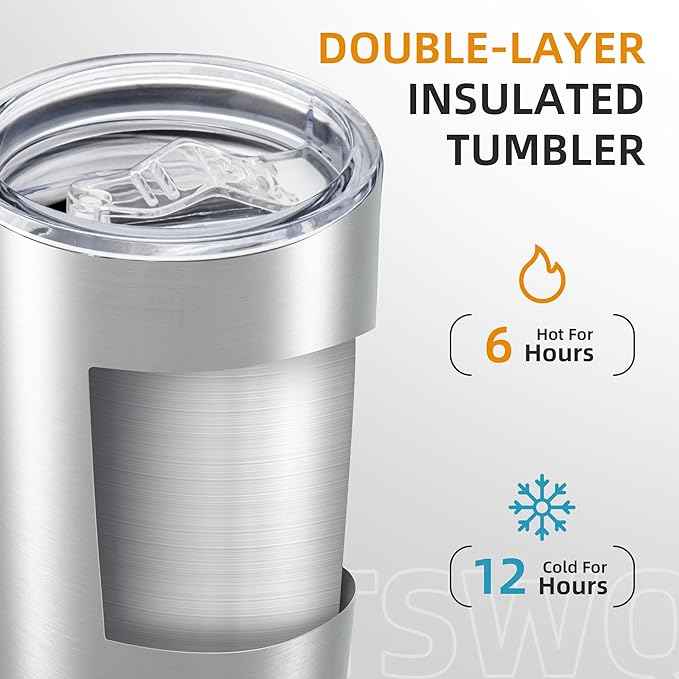 20 oz Tumbler with Lid Stainless Steel Insulated Tumblers Double Wall Vacuum Coffee Mug Powder Coated Tumbler Cups for Cold and Hot Drinks, Stainless Steel, 1 pack