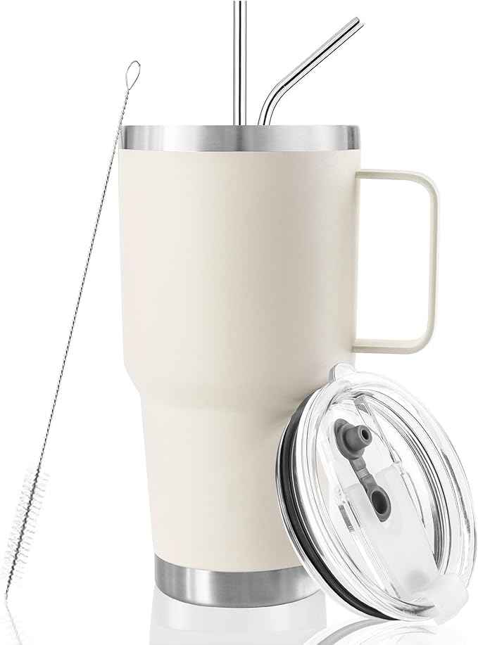 30 oz Tumbler With Handle, Double Wall Stainless Steel Vacuum Insulated Travel Mug with Splash-Proof Lid Metal Straw and Brush (Cream)