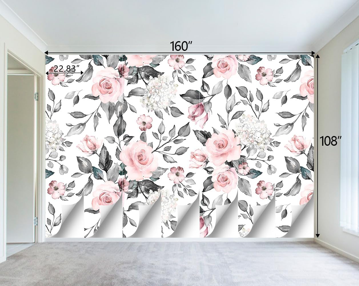 Grey Leaf Pink Flowers Mural Bedroom Floral Wallpaper Room Decor Living Room tv Background Large Wall Mural - 160"x108" (Not Peel and Stick)