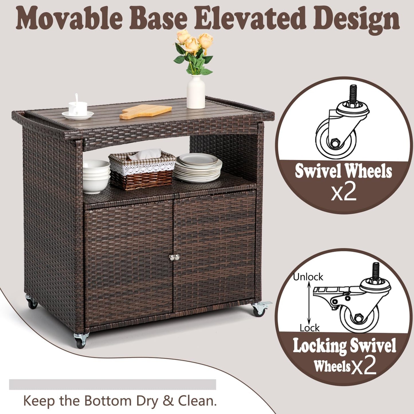 Outdoor Storage Cabinet,Outdoor Cabinet for Patio Outdoor Bar Cart with Rolling Heels Patio Bar Table with Storage Wicker Buffet Cabinet Prep Table Kitchen Serving Cart with Door,Shelves,Handle Brown