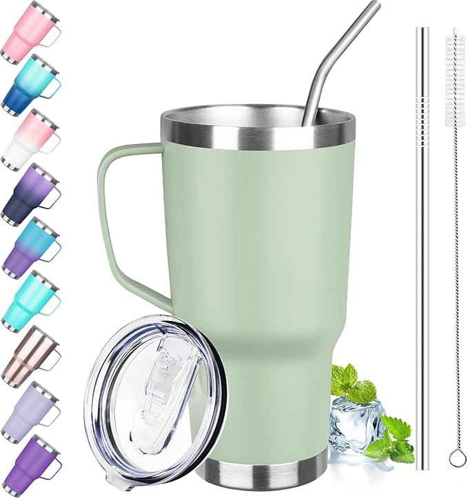 30 oz Tumbler with Handle, Stainless Steel Insulated Tumbler with Lid and Straw, Double Wall Vacuum Coffee Mug Tumbler, Insulated Coffee Thermal Cup for Cold and Hot (Matcha)