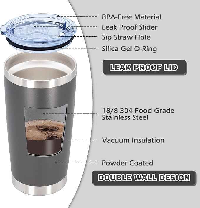 AIANJI 20oz Tumbler Bulk Stainless Steel Tumblers with Lid Vacuum Insulated Double Wall Travel Coffee Mug Powder Coated Tumbler Cup for Hot and Cold Drinks(Grey, 1 pack)