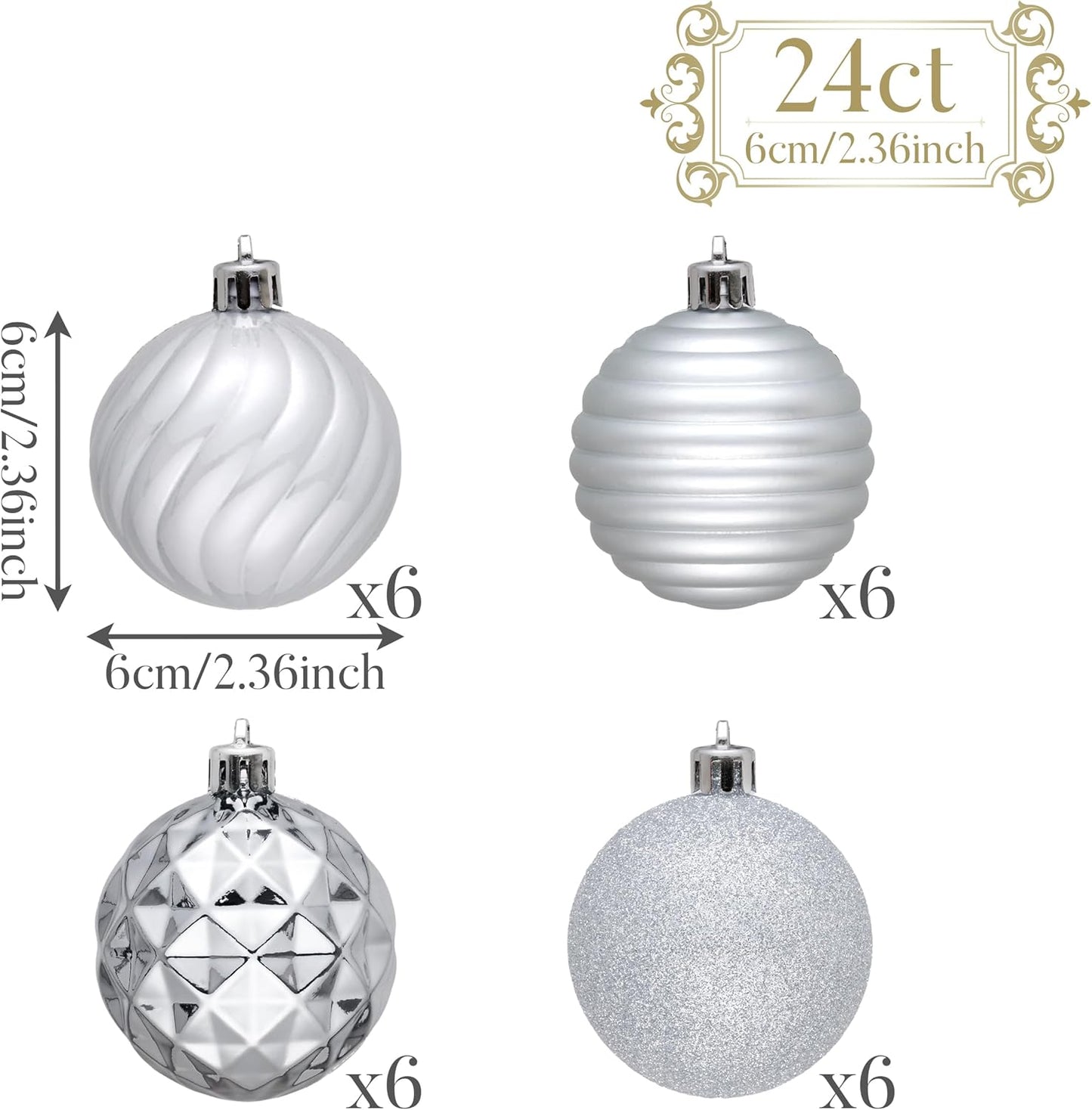 Valery Madelyn Christmas Ornaments Tree Decorations Set for Fall Halloween, 24ct Silver Shatterproof Ball Ornaments, 2.36" Hanging Ornament Bulk for Xmas Holiday Party Decor