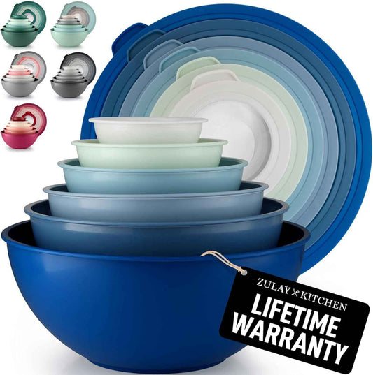 Zulay Kitchen 12 Piece Plastic Mixing Bowls with Lids Set - Leak-Proof Microwave & Freezer Safe Stackable Mixing Bowl Set for Preparing, Serving and Storing - Non-Slip Large Nesting Bowls (Blue Ombre)