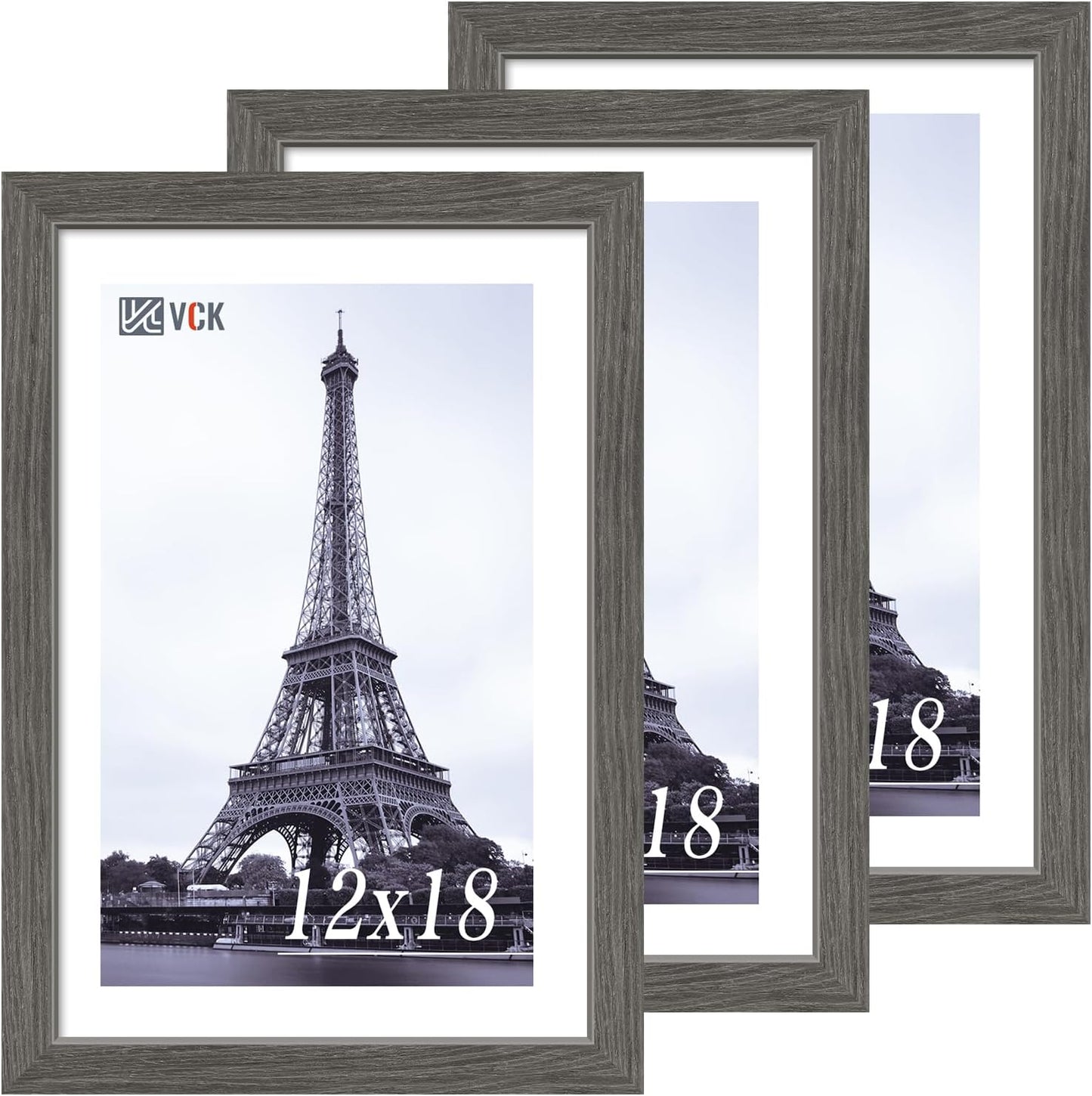 VCK 12x18 Frame Set of 3, Gray Solid Wood Poster Picture Frame, Exclusive Wood Grain, Wall Gallery Frame