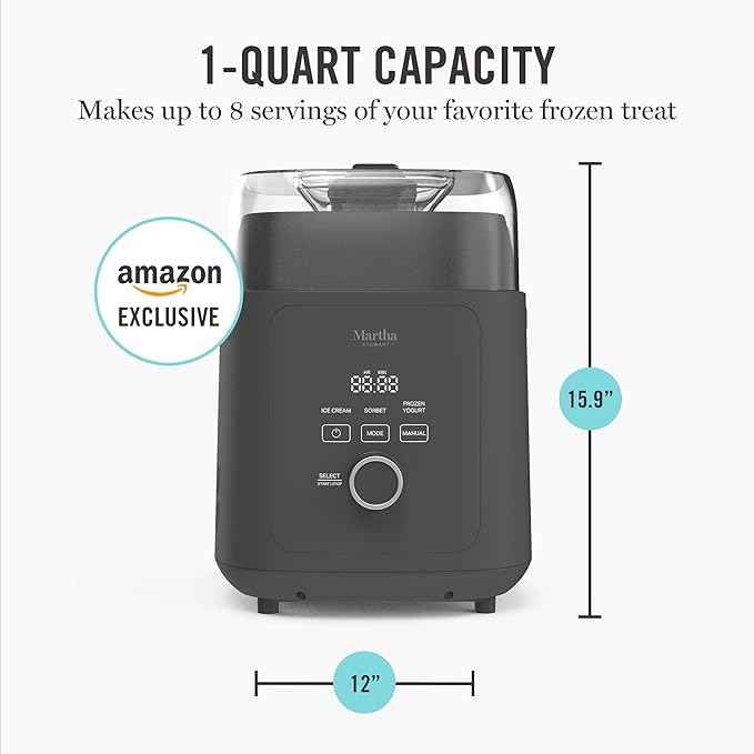 Martha Stewart 1 Quart Ice Cream Maker, Built-In Compressor, No Pre-Freezing Required, 3 Modes (Ice Cream, Sorbet, Frozen Yogurt), Automatic Mix-In Alert, Dishwasher-Safe Parts, Caviar Gray