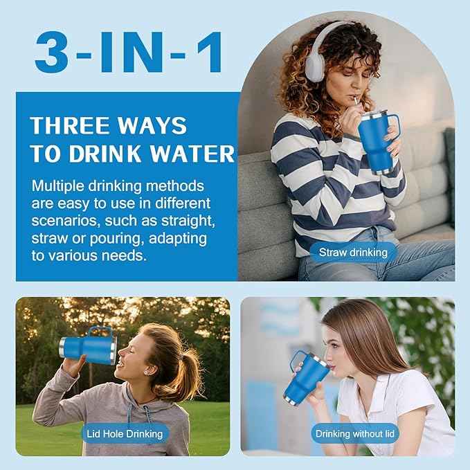 30 oz Tumbler with Handle, Stainless Steel Insulated Tumbler with Lid and Straw, Double Wall Vacuum Coffee Mug Tumbler, Insulated Coffee Thermal Cup for Cold and Hot (Sea Blue)