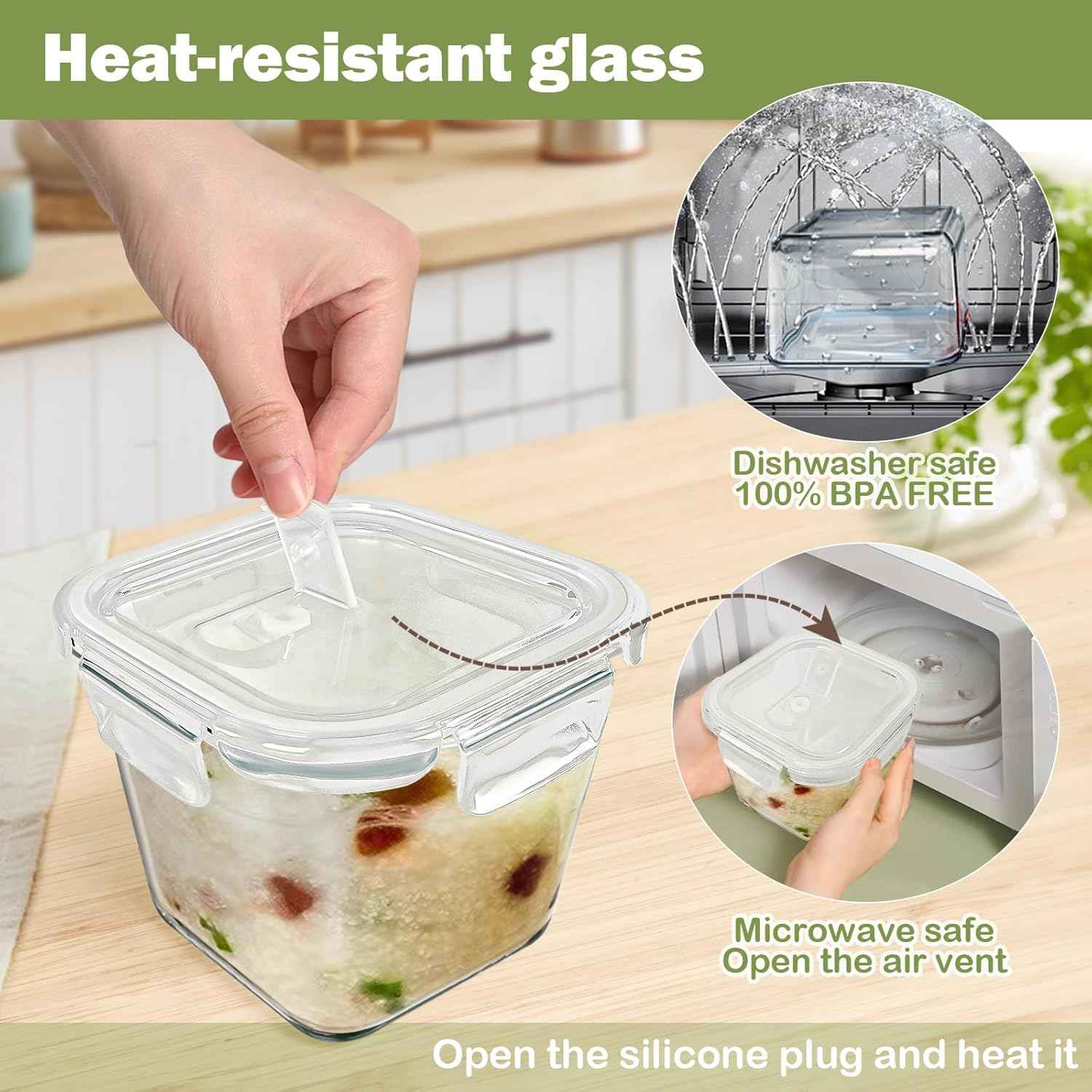 Glass Soup Containers with Lids 32 oz, 4 Cup Borosilicate Glass Food Storage Containers, Microwave & Freezer Safe Jars, Small Square Meal Prep Bowl for Salad, Fruit, Lunch, Ice Cream, Travel, 4 Pack