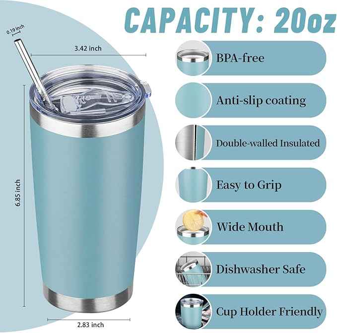 20 oz Tumbler with Lids and Straws, Stainless Steel Insulated Travel Coffee Mug, Double Wall Vacuum Insulated Tumblers, Powder Coated Coffee Tumbler for Cold & Hot Drinks (Maya Blue, 6 Pack)