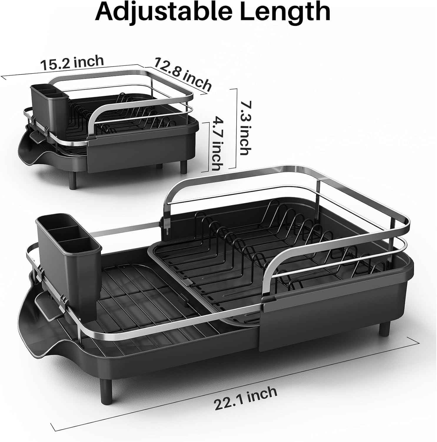 SNTD Dish Drying Rack, Expandable Dish Rack for Kitchen Counter, Stainless Steel Dish Drainer with Drainboard Set and Utensil Holder (Black)