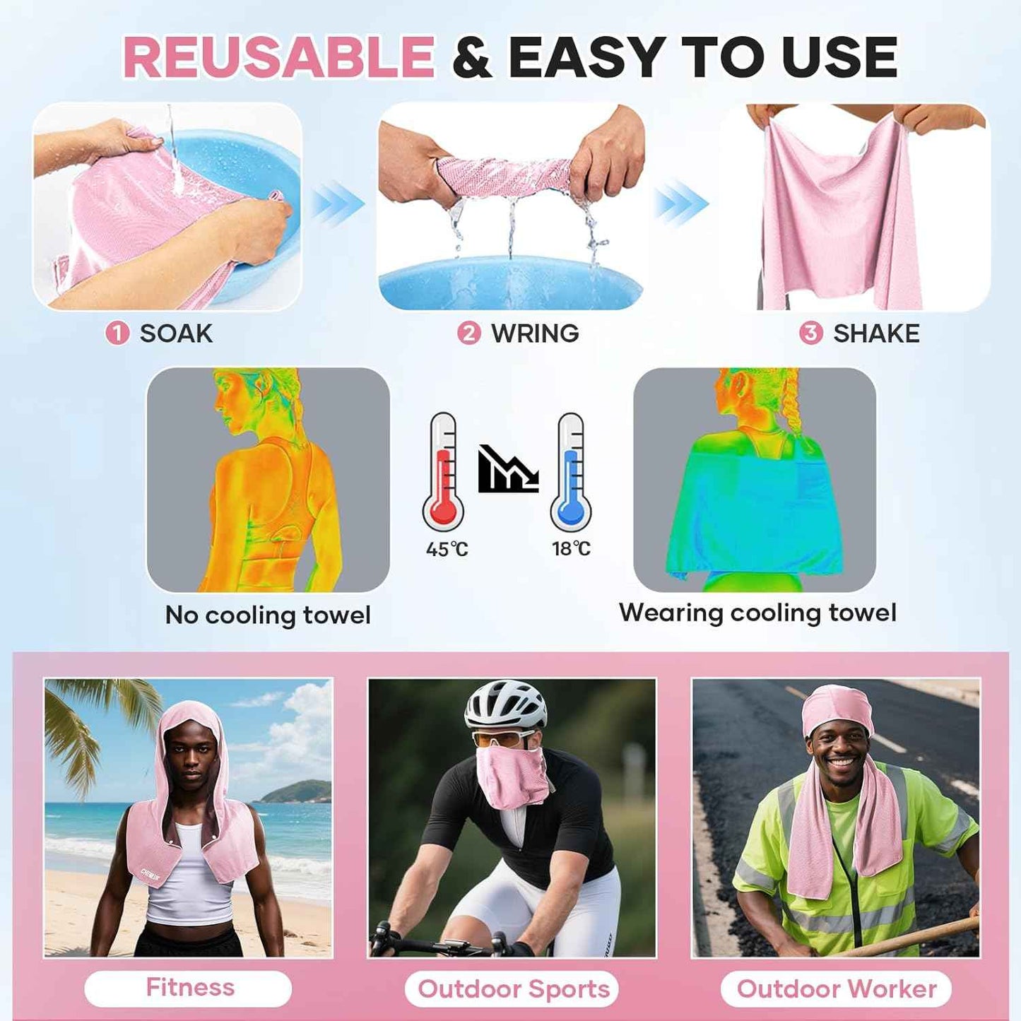 Cooling Hoodie Towel Women: Cooling Towels for Neck and Face, Instant Cool When Wet, UPF 50 Sun Protection, Cool Towel for Hot Weather, Great for Sports, Gym, Golf, Camping - Pink