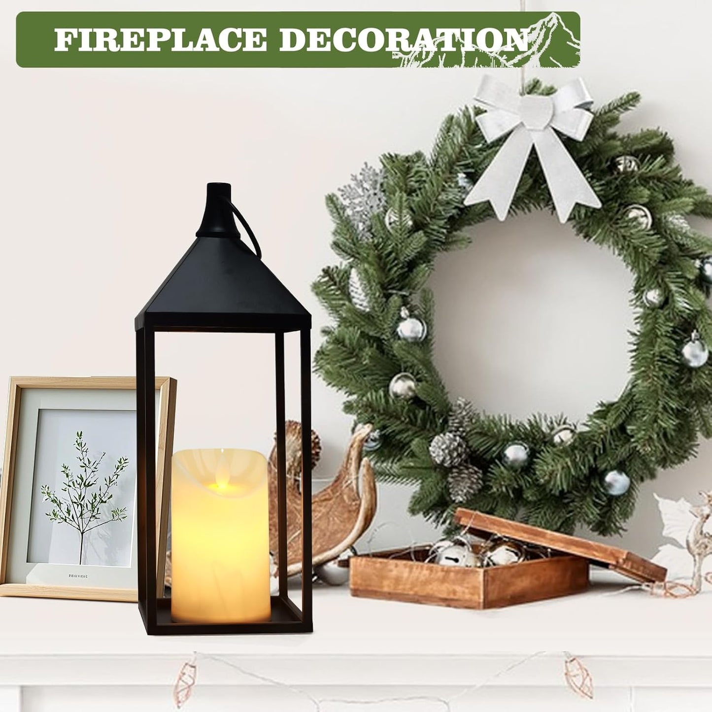17" 13" Modern Farmhouse Candle Lantern Decor Set of 2 Black Metal Candle Lanterns with Flameless Candles, Lanterns Decorative Indoor for Fireplace Mantle Table Outdoor Lanterns for Patio Porch Garden