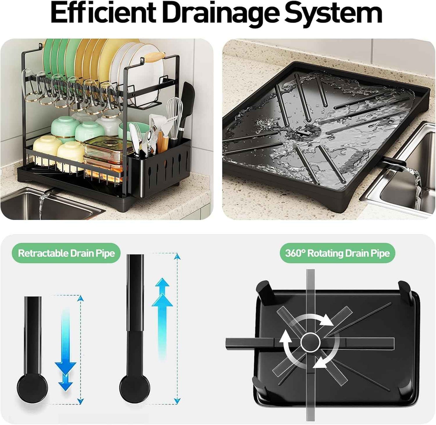 APSARAS USA 2-Tier Dish Drying Rack, Dish Rack with Wooden Holder Over The Sink Dish Drying Rack Kitchen, Rustproof Kitchen with Drainboard,16.5"x9.8" x19.7",Stainless Steel Drainers