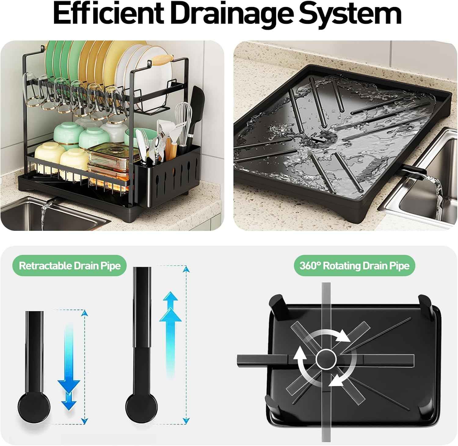 APSARAS USA 2-Tier Dish Drying Rack, Dish Rack with Wooden Holder Over The Sink Dish Drying Rack Kitchen, Rustproof Kitchen with Drainboard,16.5"x9.8" x19.7",Stainless Steel Drainers