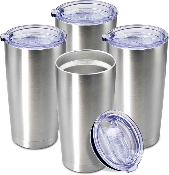 20 oz Tumbler Coffee Travel Tumblers Bulk with Lid Stainless Steel Double Wall Vacuum Insulated Mug Powder Coated Cups fit Car Cupholder for Hot and Cold - Stainless Steel, 4Pack