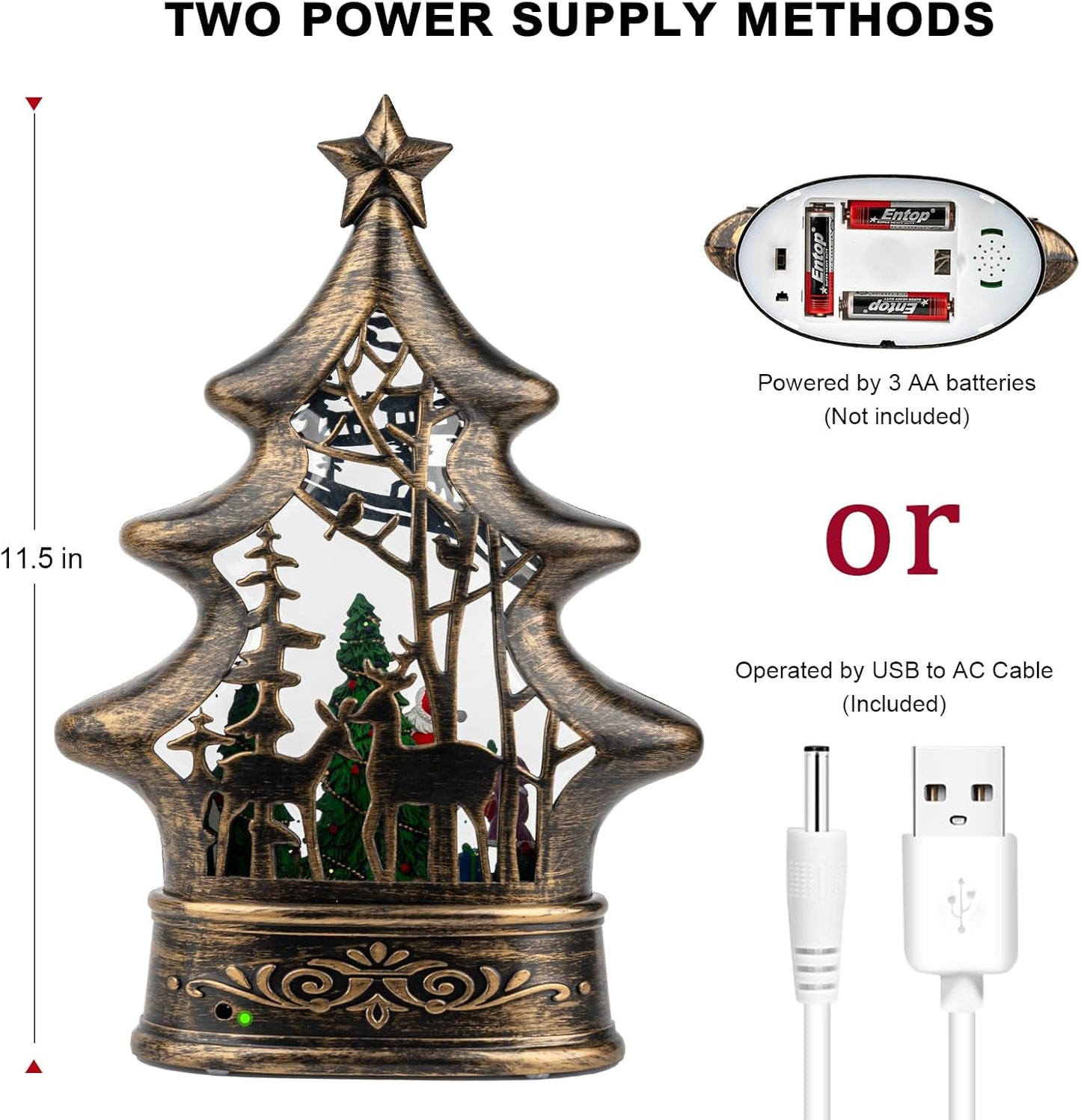 Musical Snow Globe Christmas Tree Lantern Lighted Santa's List Christmas Snow Water Lantern Swirling Glittering Home Decoration and Gift, Battery Operated or USB Powered