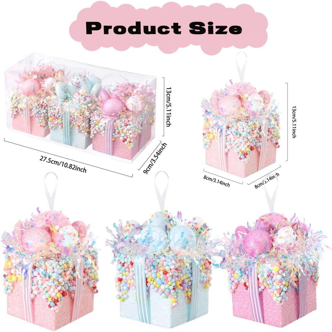 Christmas Tree Gift Box Ornament Set,3 Pieces Macaron Color Candy Gift Hanging Ornaments for Christmas, New Year, Easter, Birthday (Pink Purple Blue)