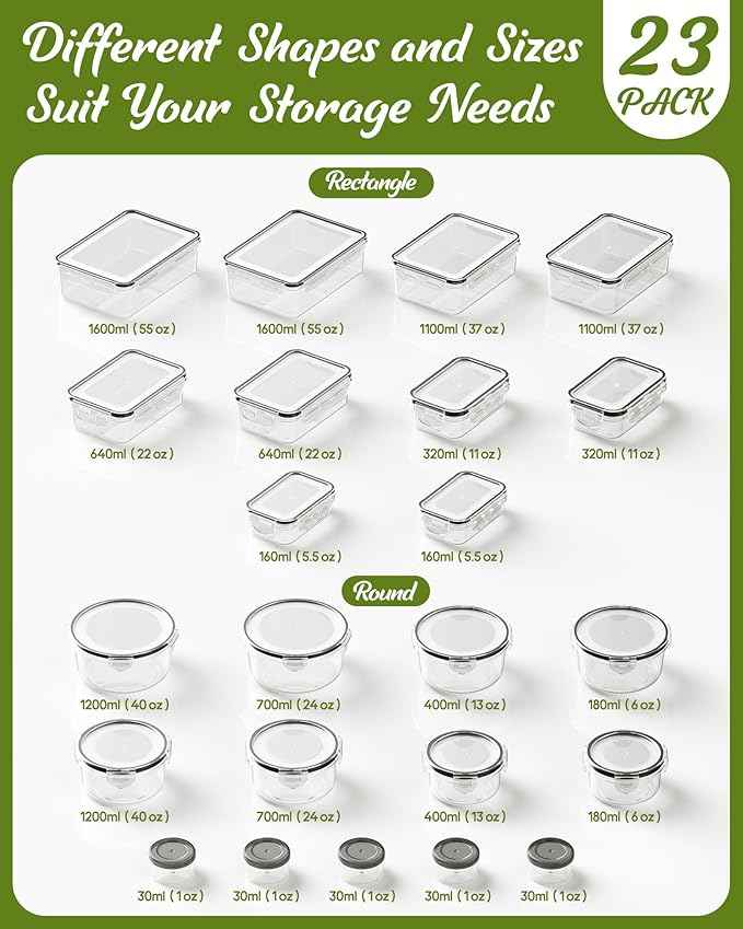 46 Piece Food Storage Containers with Lids(23 Containers & 23 Lids), BPA-Free Plastic Food Containers for Kitchen Storage and Organization, Leak Proof Meal Prep Container, Includes Labels & Pen