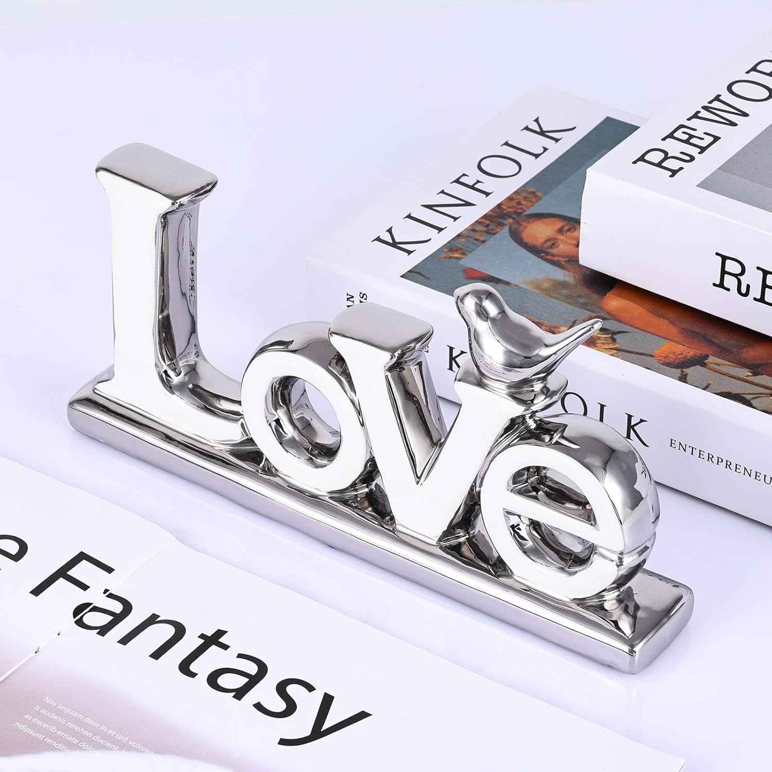Love Sign Decoration,White and Silver Love Signs for Home Decor Statue,Bird Sculpture Personalized Love Decor,Chrome Style Figurine Decorative Ornaments for Living Room,Bedroom (2 Pcs, White+Silver)