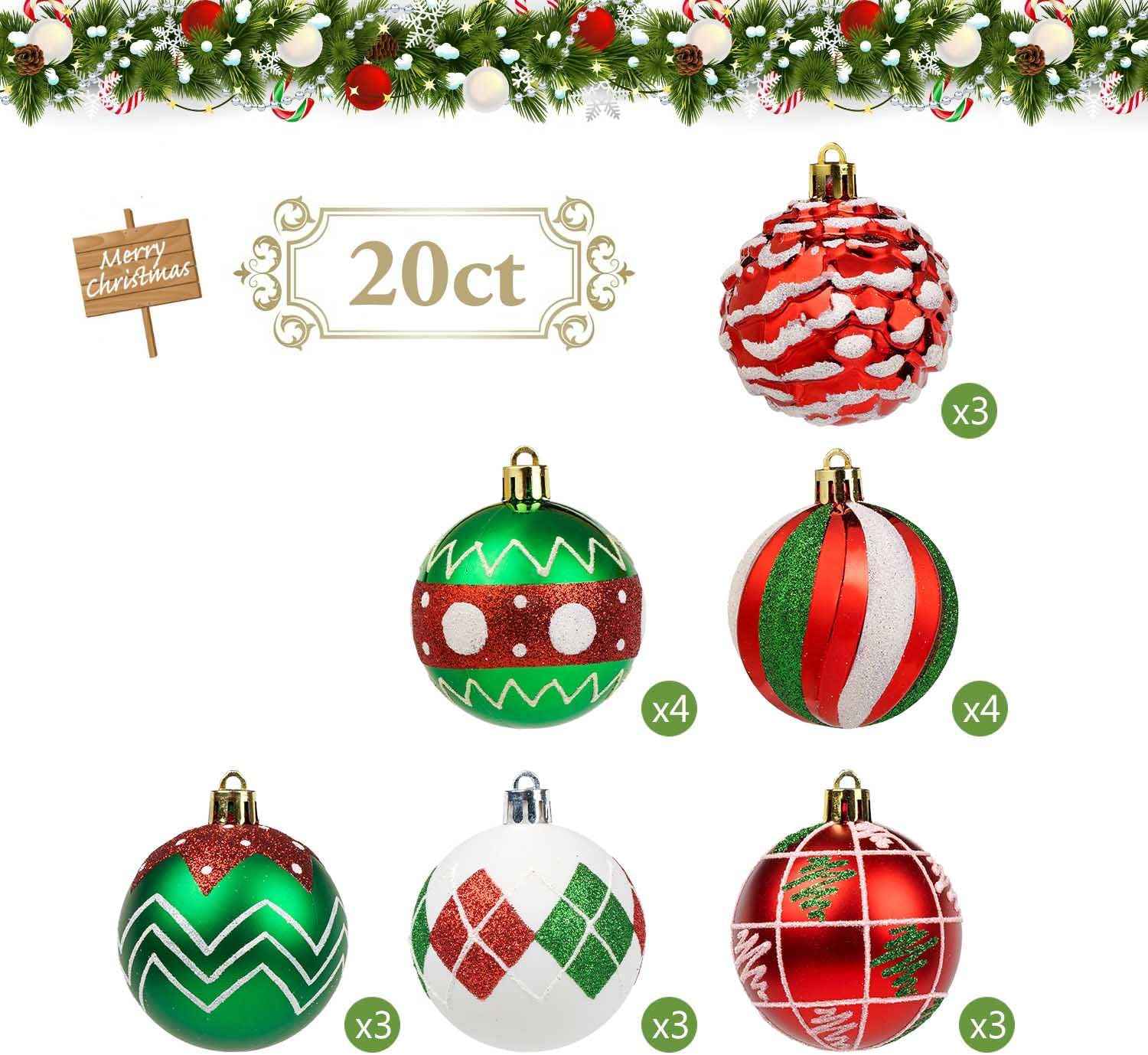 Christmas Tree Ball Ornaments 20ct Set, 2.36 Inch Red Green White Classic Christmas Decorations, Shatterproof Hanging Ornaments for Xmas Holiday Decoration (Red&Green&White)