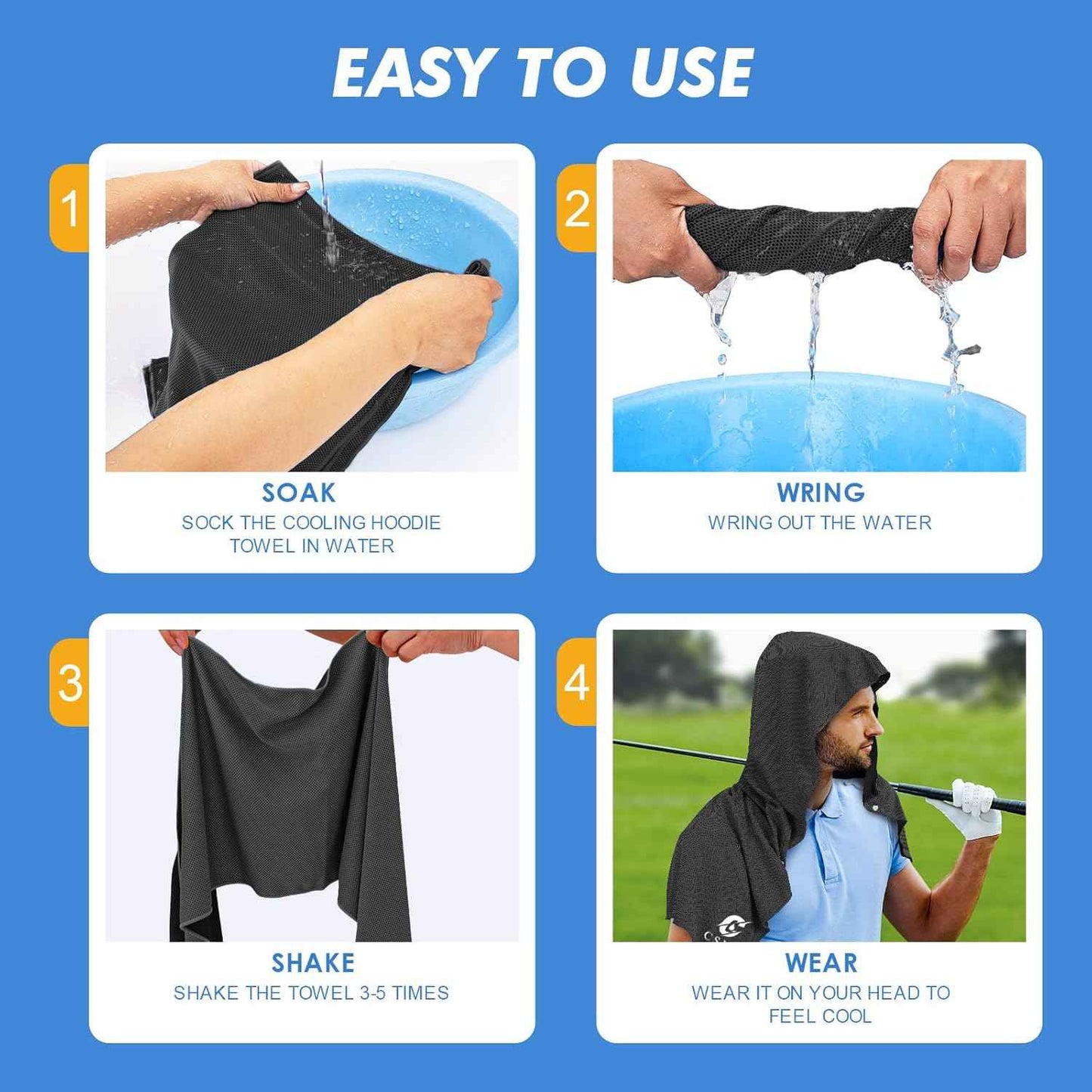 CSITE 4 Pack Cooling Hoodie Towels, Instant Cooling Towels for Neck and Face, UPF 50 Sun Protection, Ice Towel for Hot Weather, Head Towel for Sports, Camping, Cycling & More Activities