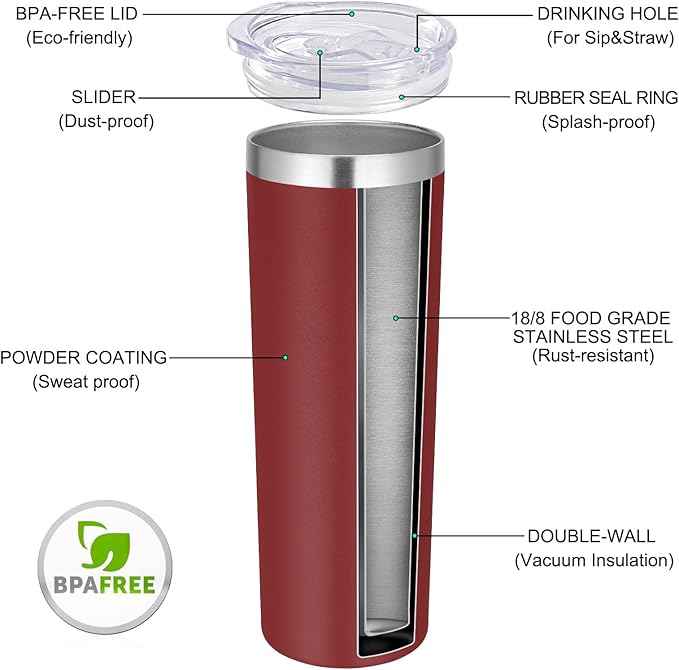VEGOND 20 oz Stainless Steel Skinny Tumbler with Lids and Straws, 20oz Double Wall Insulated Slim Tumbler Cup for Cold Hot Drinks, Wine Red 1 Pack