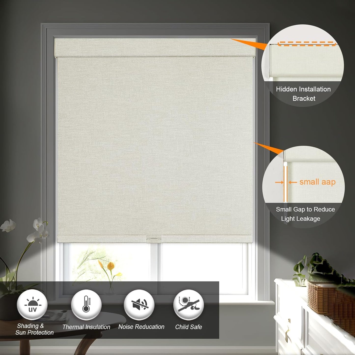Persilux Blackout Shades for Windows Cordless Roller Blinds, Roller Windows Shades for Home with Fabric Attached Valance, UV Protections Easy Installation for Door/Office, Limestone(44" W x 56" H)