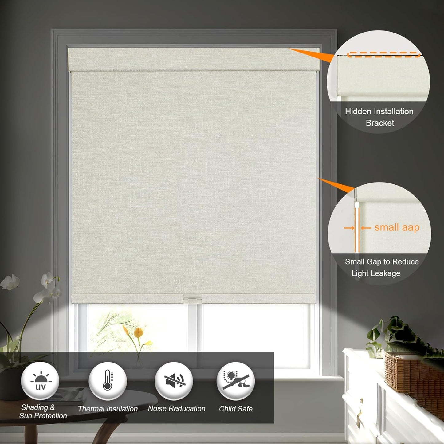 Persilux Blackout Shades for Windows Cordless Roller Blinds, Roller Windows Shades for Home with Fabric Attached Valance, UV Protections Easy Installation for Door/Office, Limestone(82" W x 48" H)
