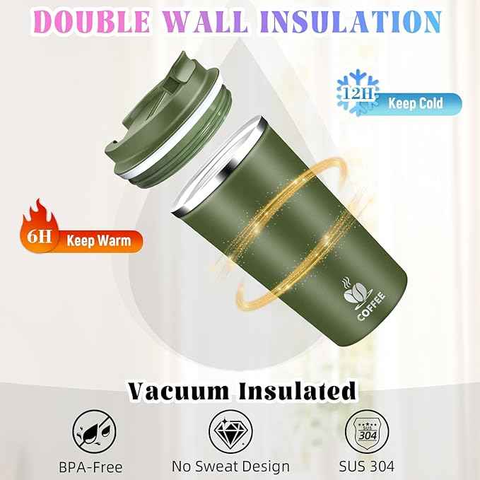 17oz Insulated Travel Coffee Mug with Flip Lid – Leakproof Stainless Steel Insulated Coffee Tumblers, Reuable Coffee Cup for Hot & Cold Drinks, Perfect for Camping & On-the-Go
