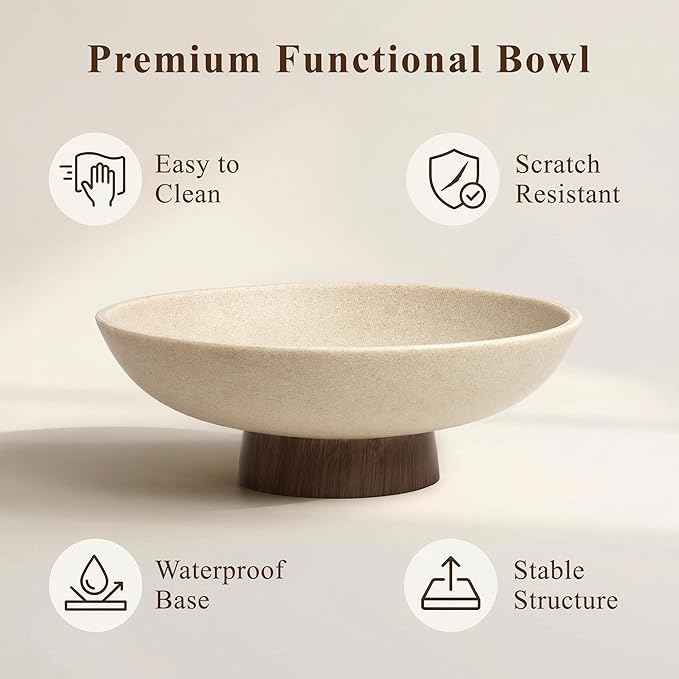 YMXYJM Modern Pedestal Fruit Bowl, Large Matte Resin Decorative Bowl with Faux Wood Base for Kitchen Counter, Living Room, Entryway Home Decor, Brown