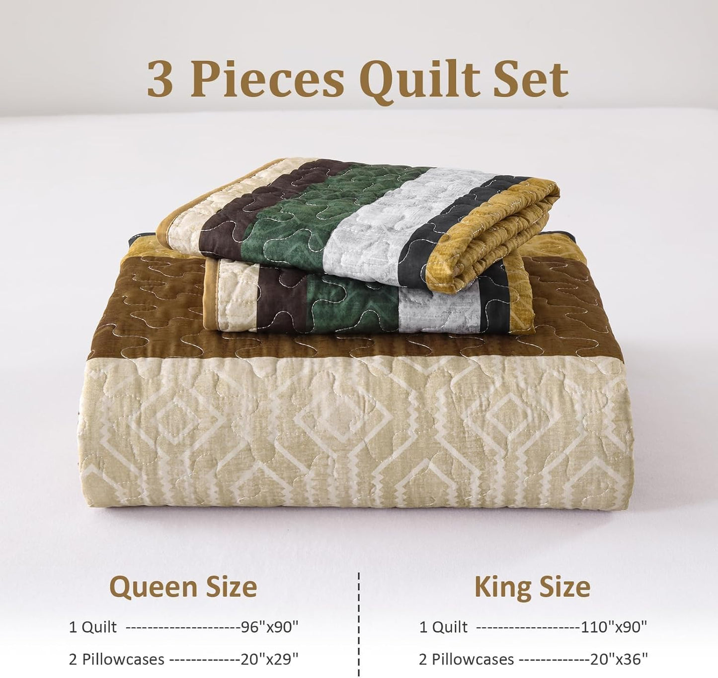 Dobuyly Brown Quilt King Size Set, Boho Fall Bedspread, Striped Bedding Sets 3 Pieces, Lightweight Soft Coverlet Bed Sets with 2 Pillow Shams 110"x90"