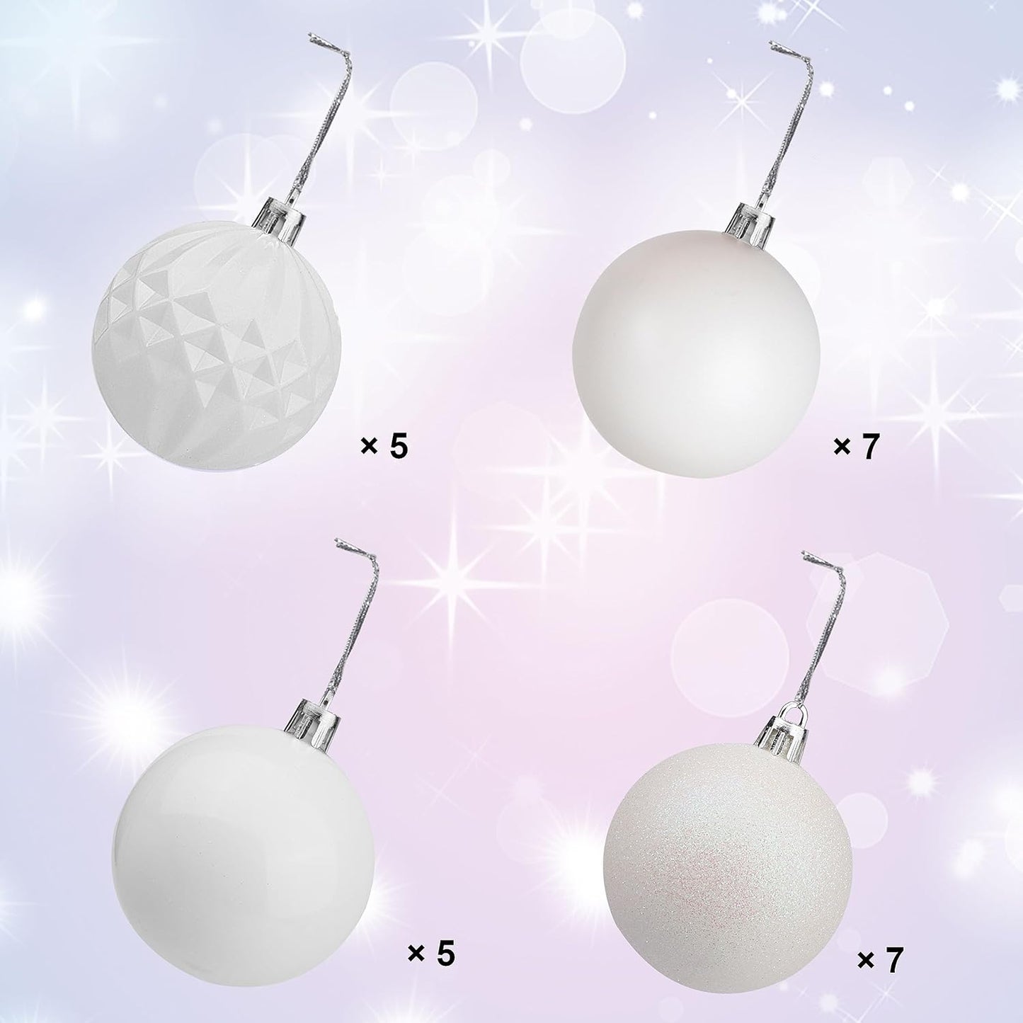Lulu Home Christmas Ball Ornaments, 24 Ct 2.36" Pre-Strung Hanging Ornament Decorations, Xmas Shatterproof Plastic Balls for Holiday Party Wreath Garlands Trees, White