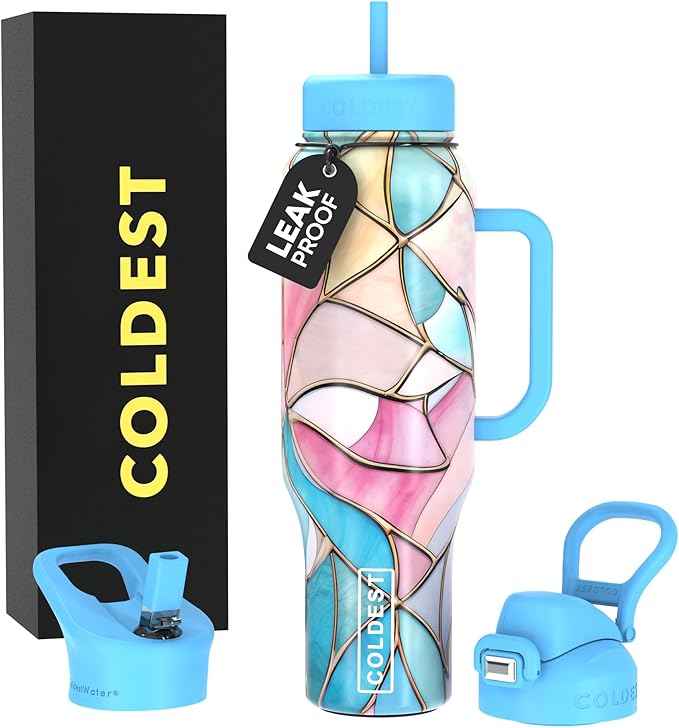 Coldest Tumbler with Handle and Straw - 100% Leak Proof Insulated Tumbler with Lid and Straw (3 Lids) - Stainless Steel Tumblers for Women & Men - Cup Holder Friendly Base, 46 oz (Astroflora)