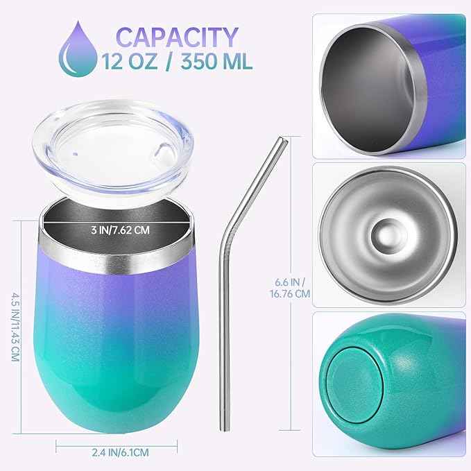 Volhoply 12oz Stainless Steel Wine Tumbler with Lid Bulk 4 Pack,Double Wall Vacuum Stemless Wine Glasses,Reusable Metal Travel Coffe Mug with Straw,Insulated Cup Gifts for Christmas（Assorted,4 Set）