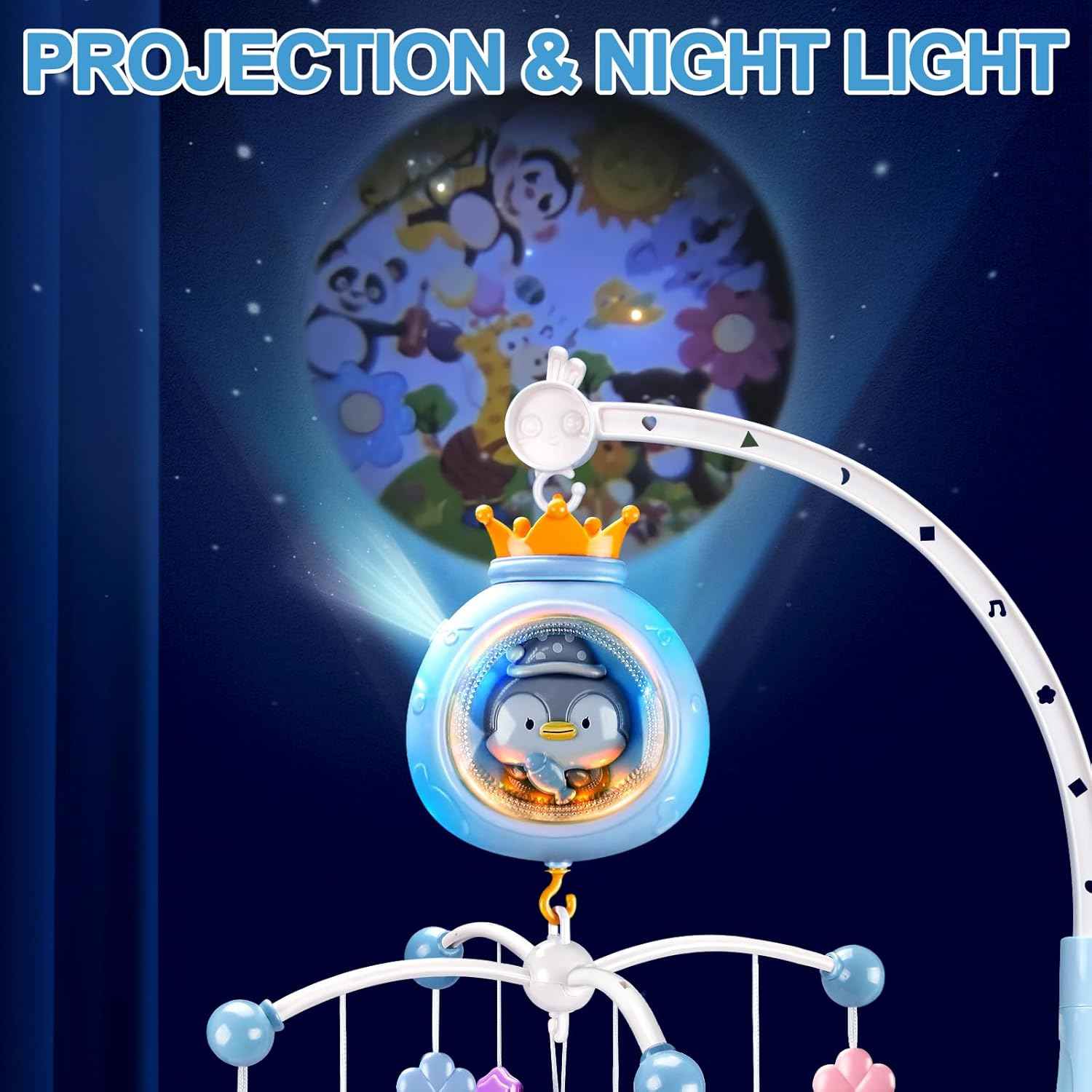 Crib Mobile with Music and Lights,Mobiles for Cribs, Baby Mobile Arm Toys Hanging for Girls Boys Infants 0-6 6-12 Months, Bassinets Nursery Musical Portable Mobile Clip On Pack and Play(Bule)