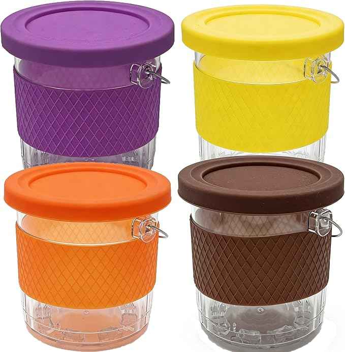 Upgrade Replacement Containers for Ninja Creami Pints with Lids and Silicone sleeve - 4 Pack, 16oz Cups Compatible with NC301 NC300 NC299AMZ NC290 Series Ice Cream Maker